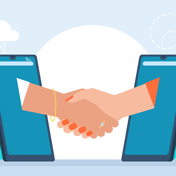 graphic image of people shaking hands and forming a partnership with cell phones